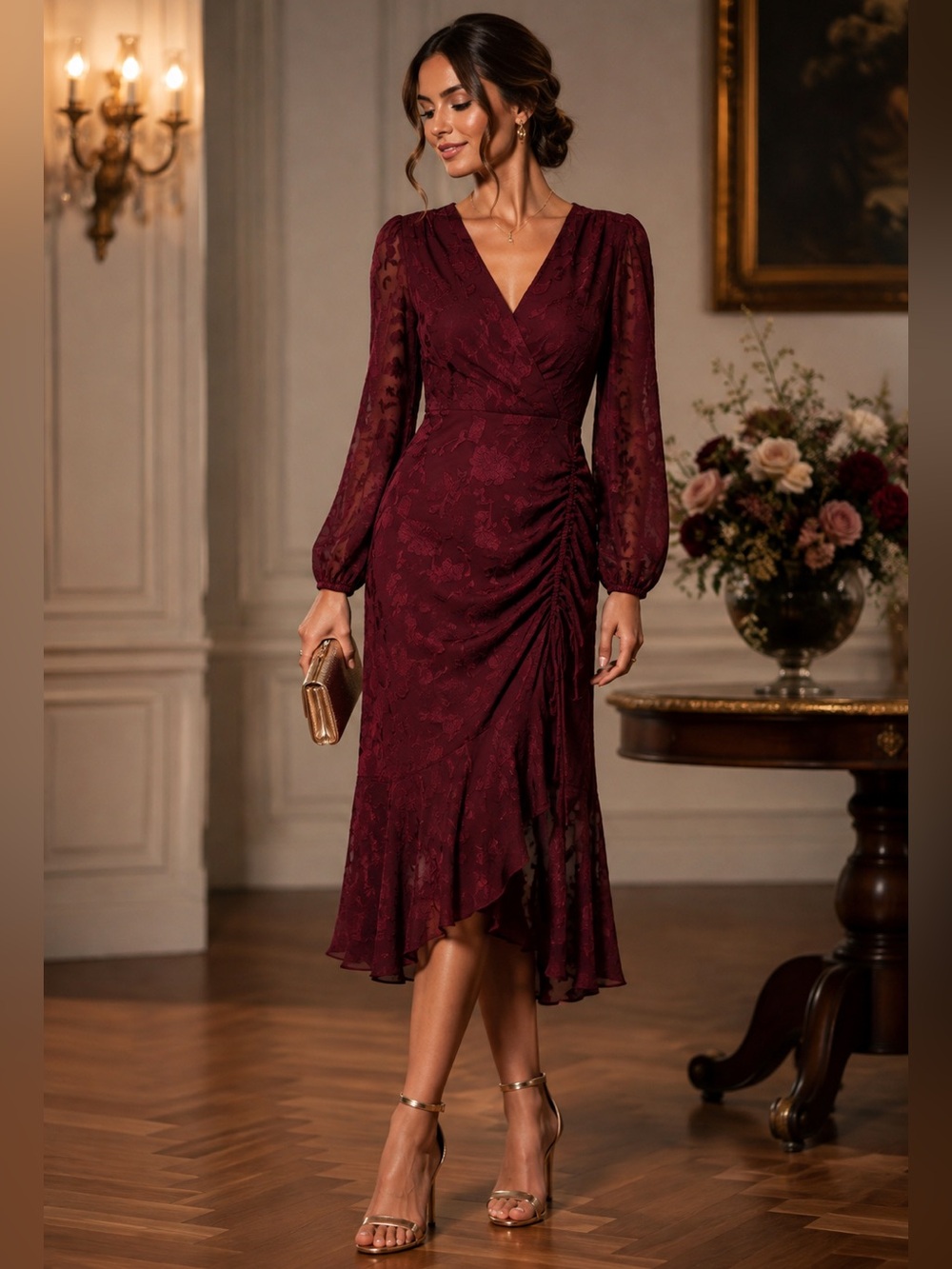 JJ's House Evalee Cabernet Chiffon Midi Dress Small, Guest, Mother of Bride